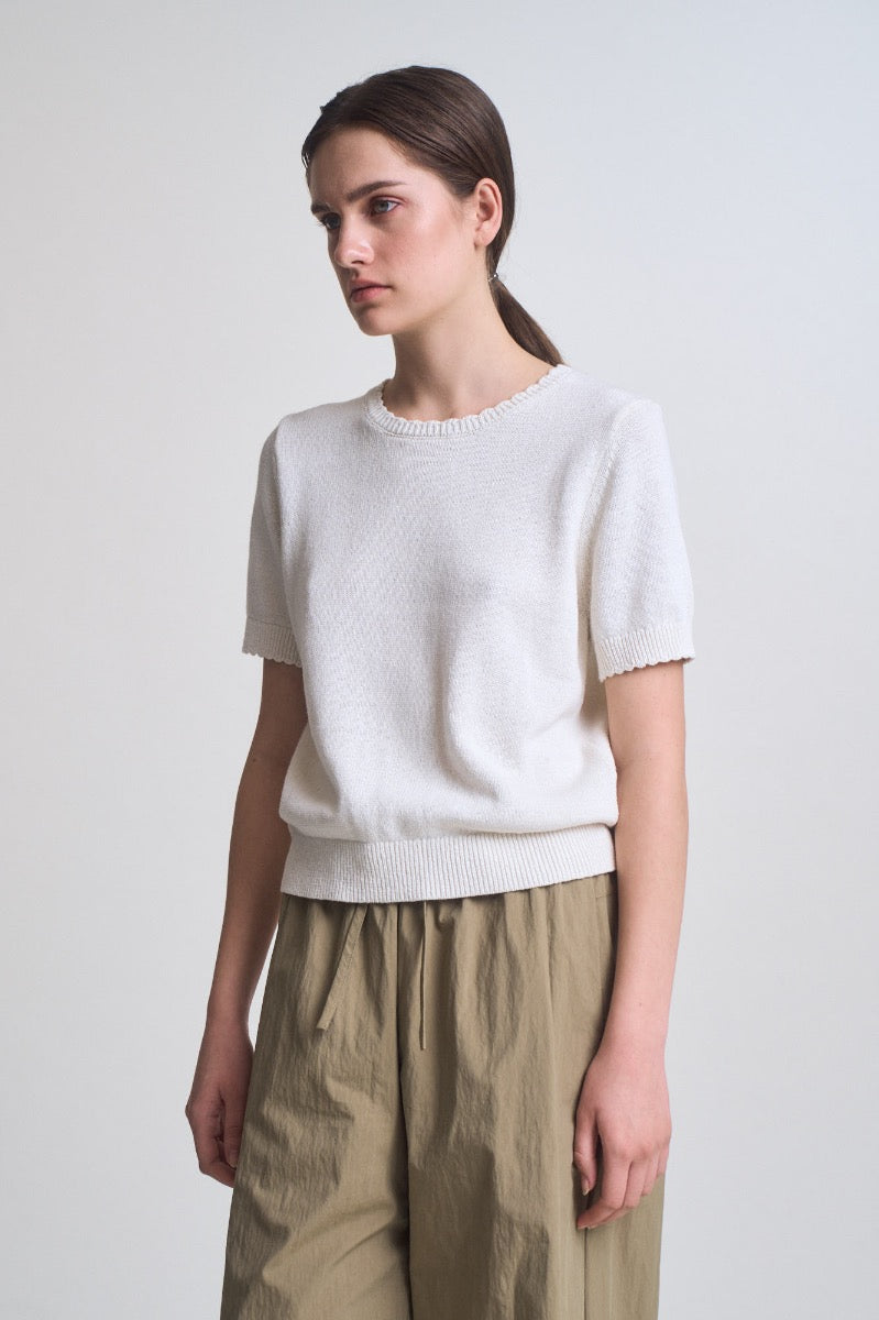 Cotton Linen Basic Sweater in Off White