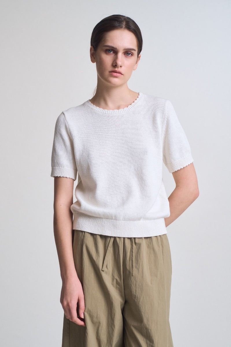 Cotton Linen Basic Sweater in Off White