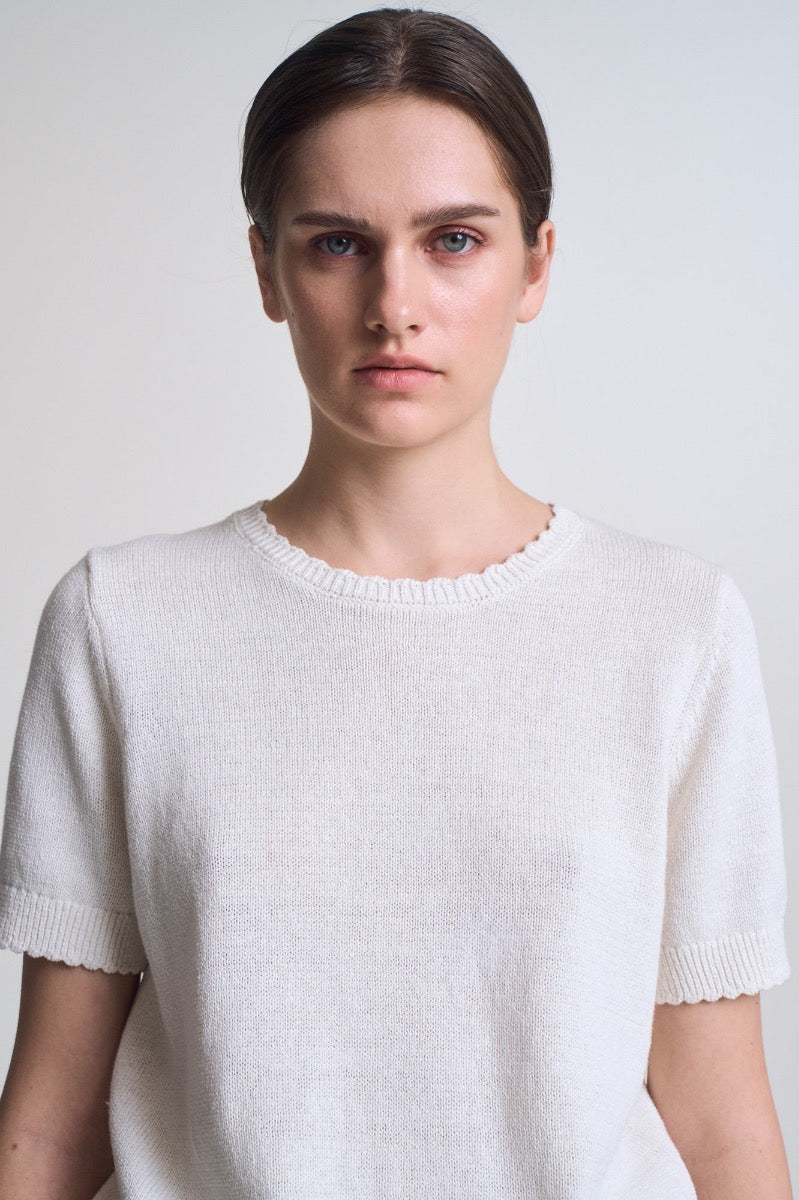 Cotton Linen Basic Sweater in Off White