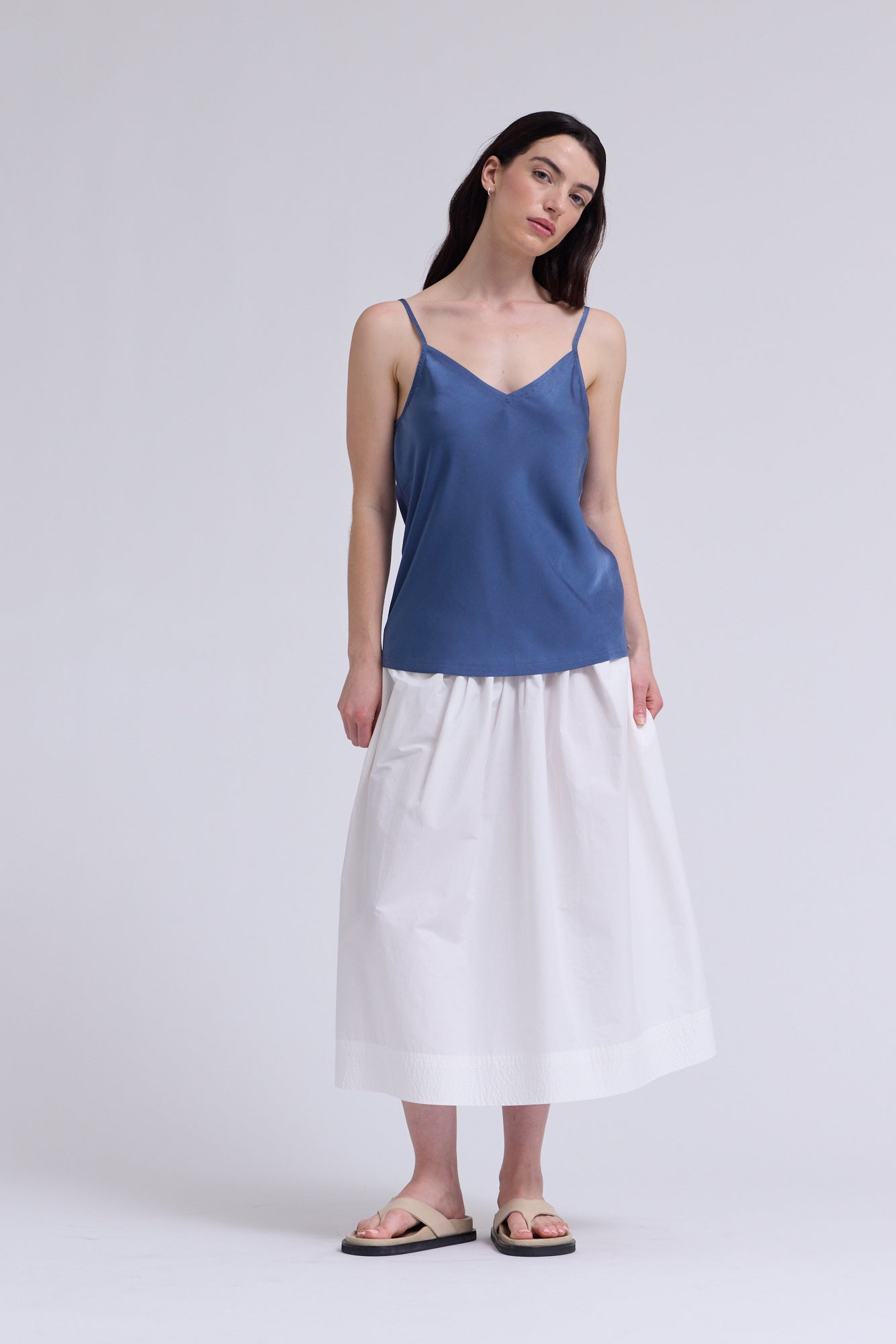 V-Neck Satin Camisole Top In Blue Dusk