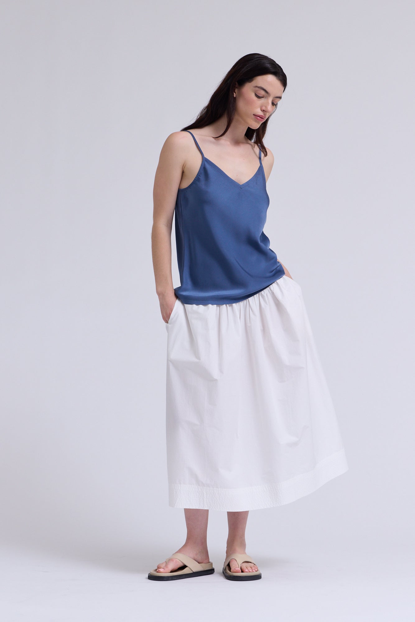 V-Neck Satin Camisole Top In Blue Dusk
