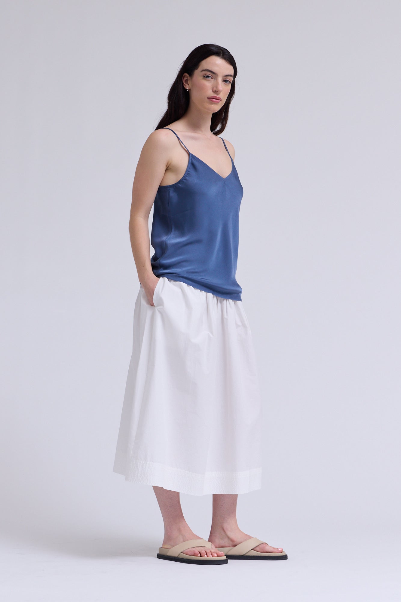 V-Neck Satin Camisole Top In Blue Dusk