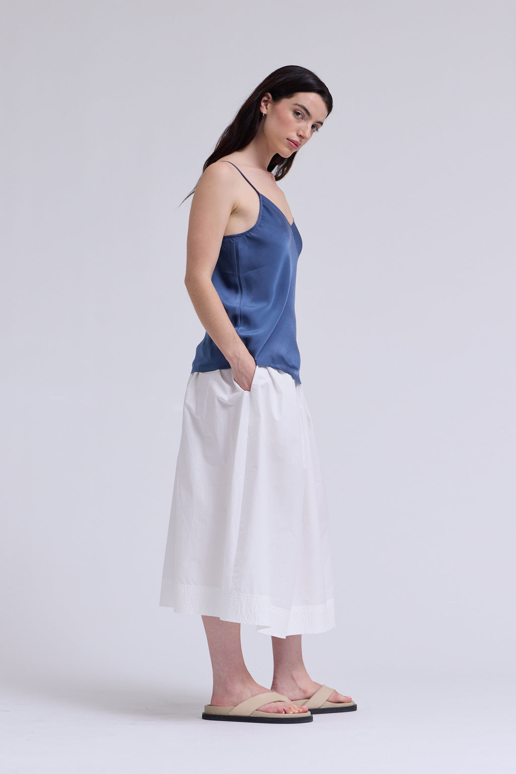 V-Neck Satin Camisole Top In Blue Dusk