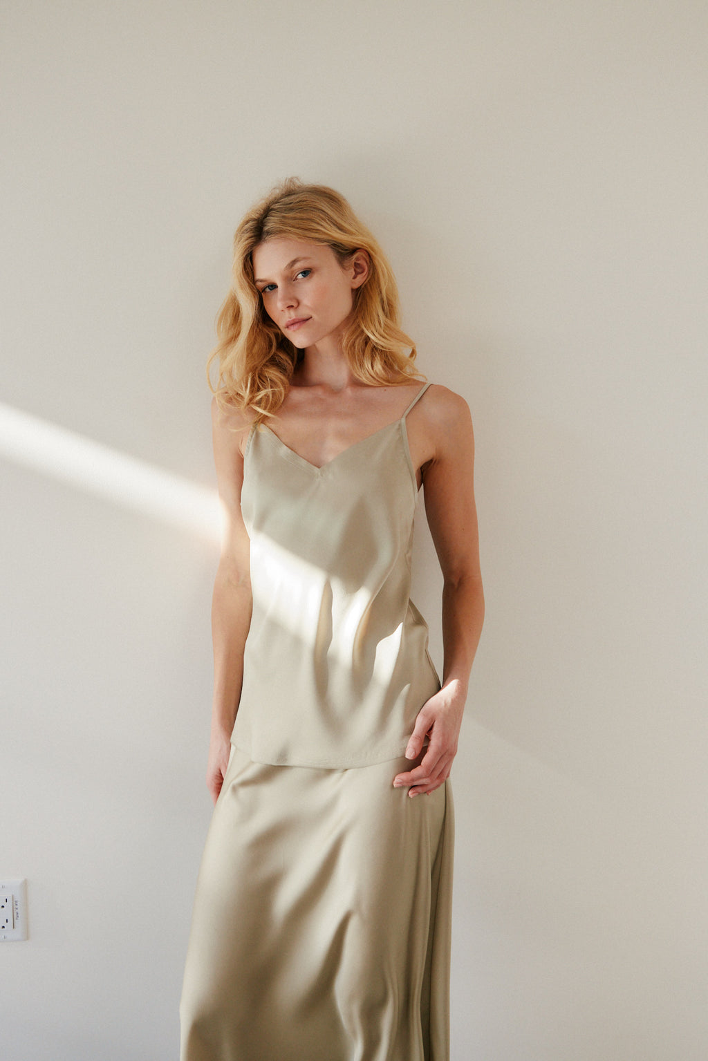 V-Neck Satin Camisole Top in Sage Brush