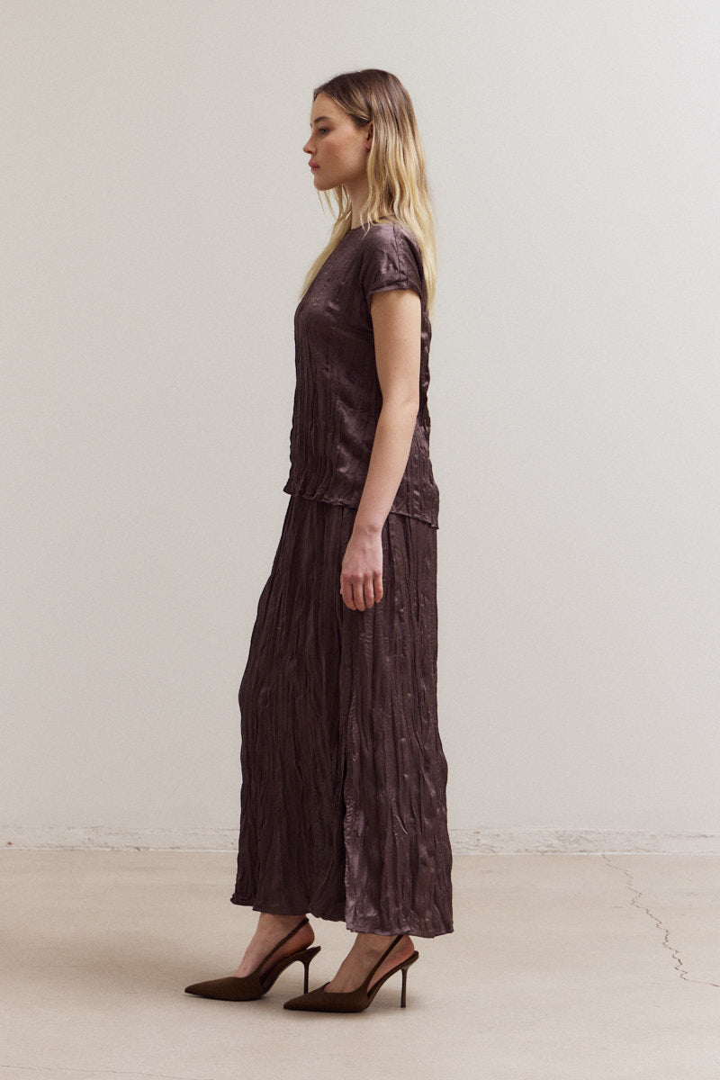 Pleated Wrinkle Satin Slit Skirt