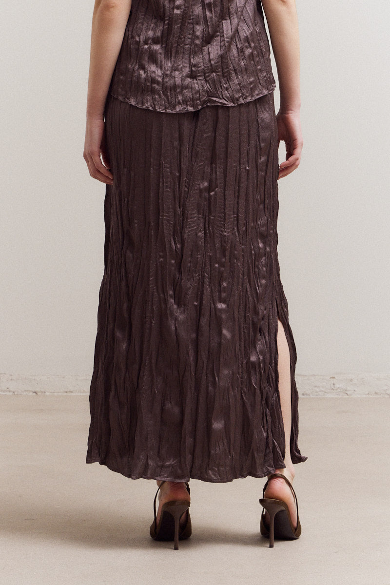 Pleated Wrinkle Satin Slit Skirt