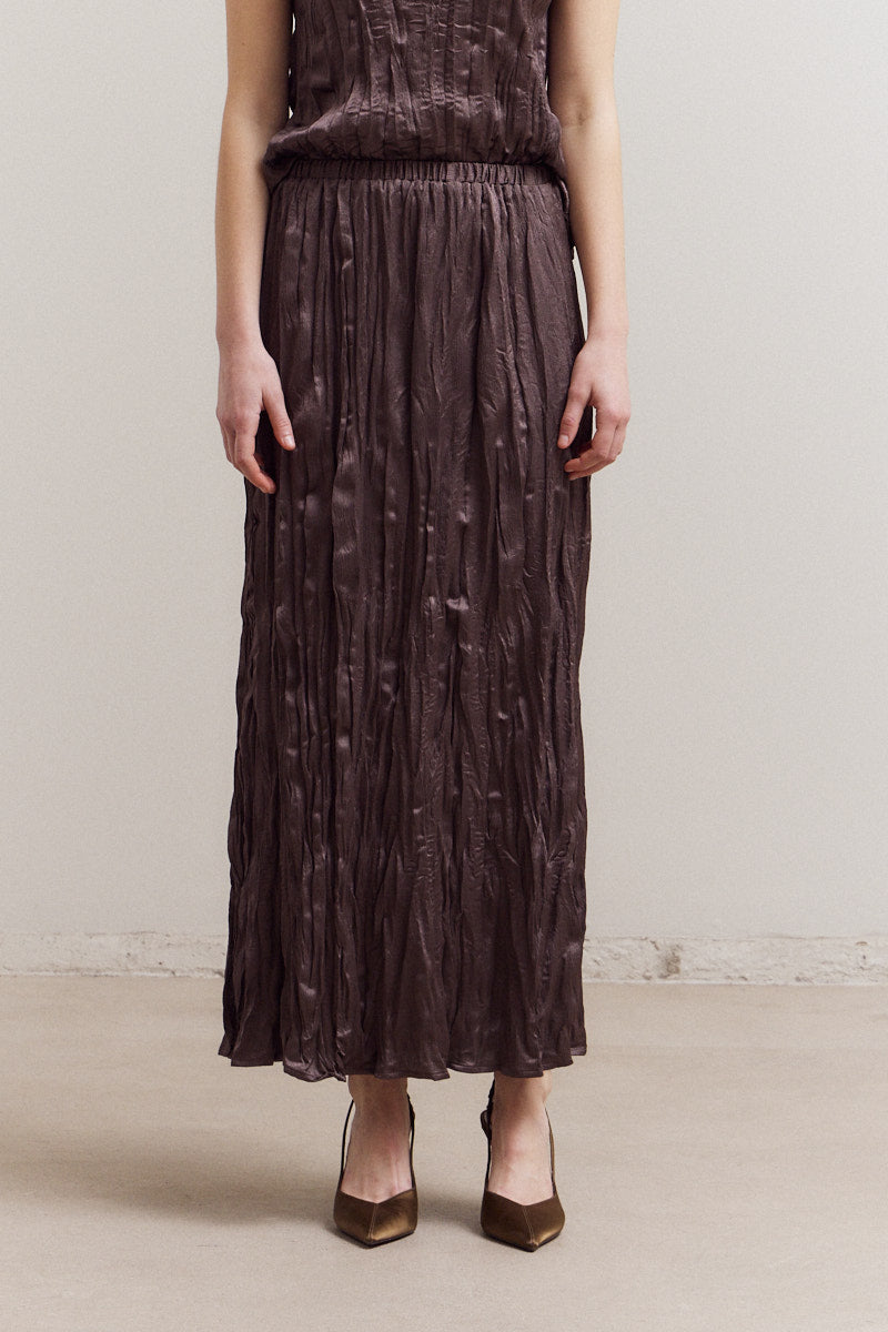 Pleated Wrinkle Satin Slit Skirt
