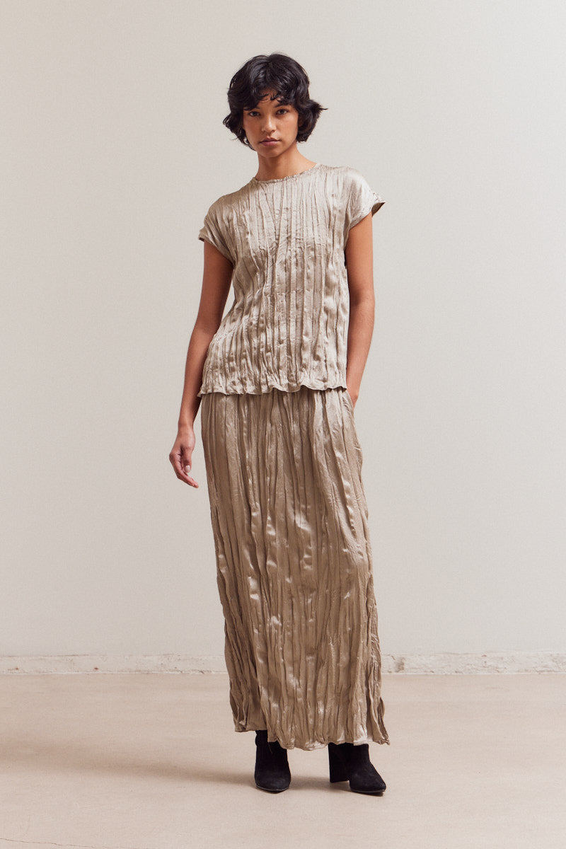 Pleated Wrinkle Satin Slit Skirt