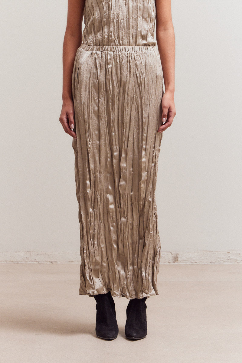 Pleated Wrinkle Satin Slit Skirt
