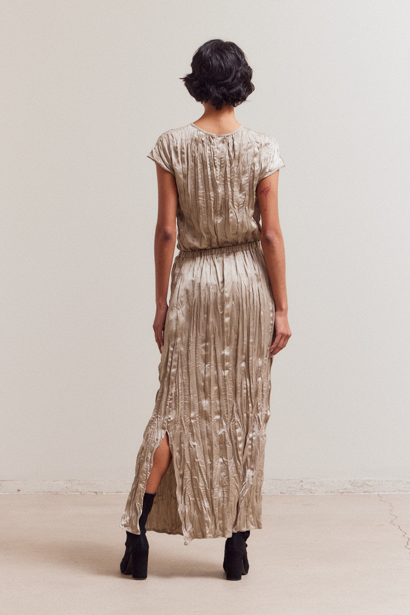 Pleated Wrinkle Satin Slit Skirt