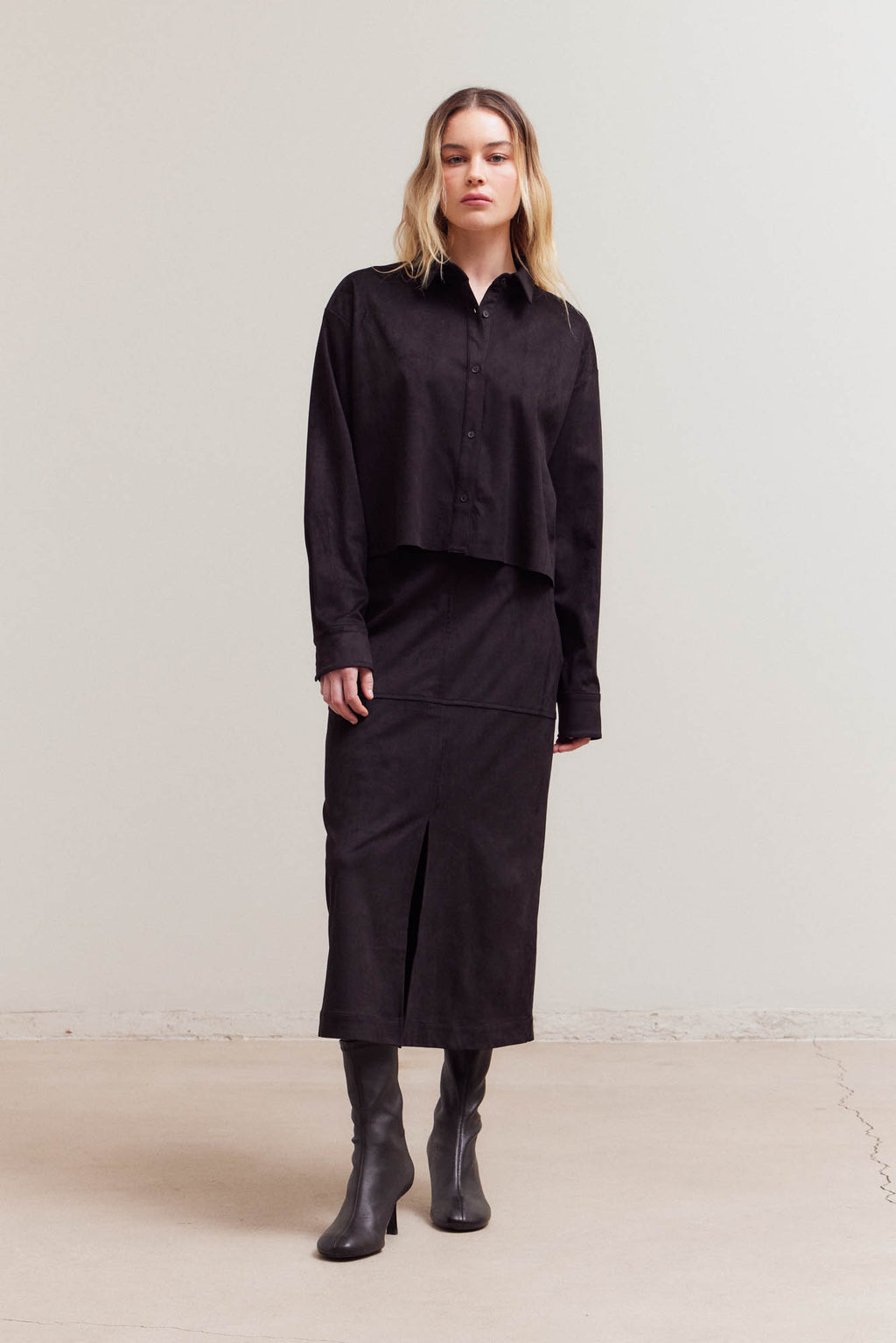 Soft Suede Crop Shirt Top in Black