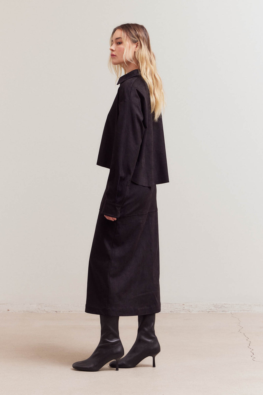 Soft Suede Crop Shirt Top in Black