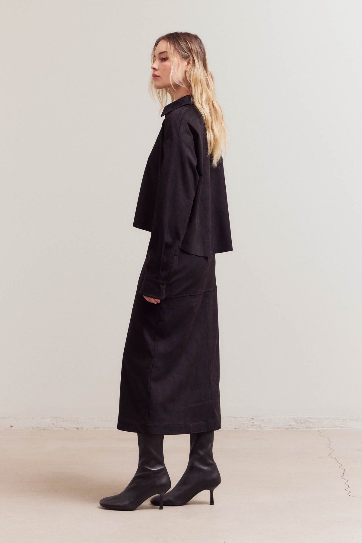 Soft Suede Crop Shirt Top in Black