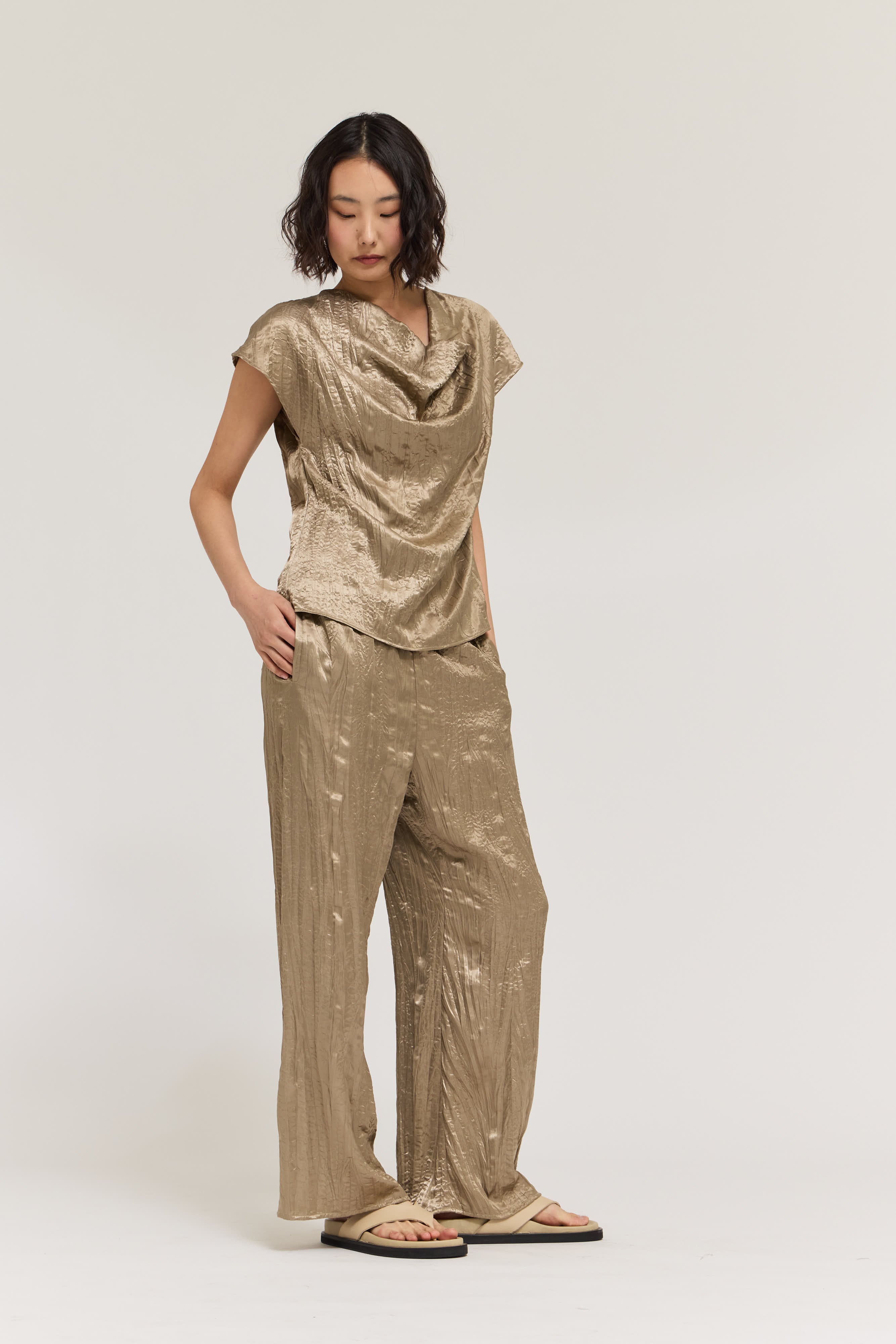 Wrinkle Satin Relaxed Fit Pants in Fawn