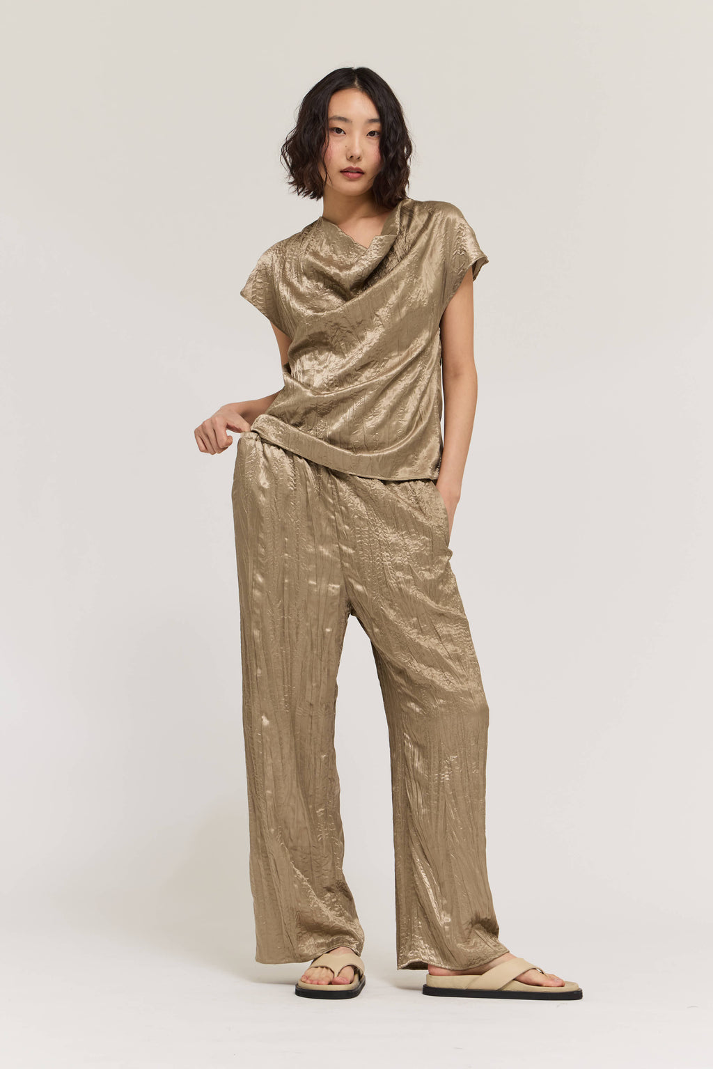 Wrinkle Satin Relaxed Fit Pants in Fawn