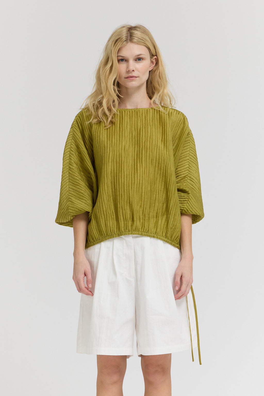 Shirred Sleeve Tencel Blouse in Chartreuse