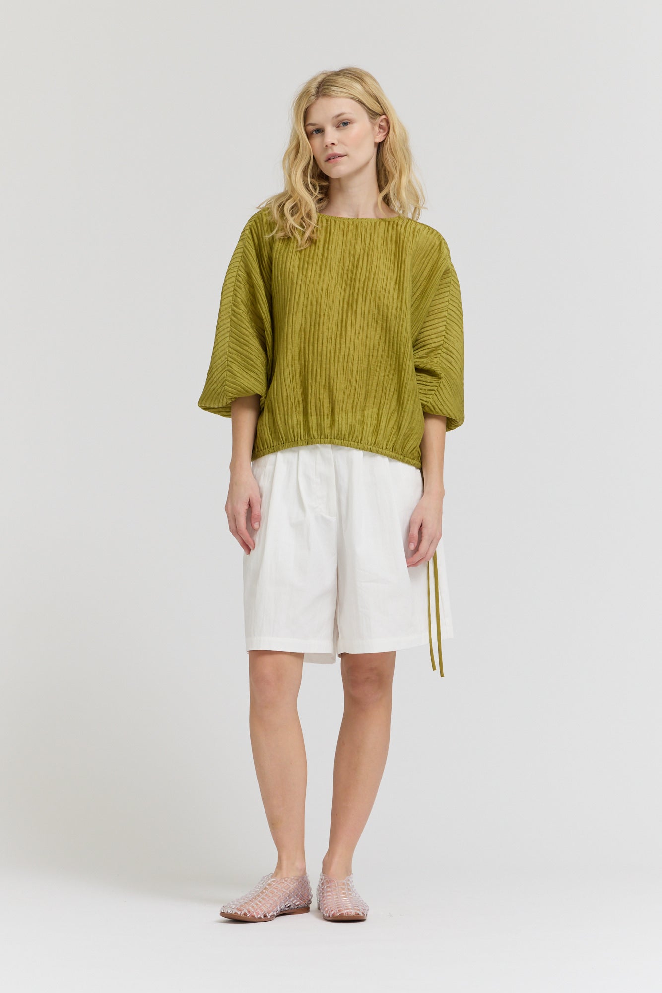 Shirred Sleeve Tencel Blouse in Chartreuse
