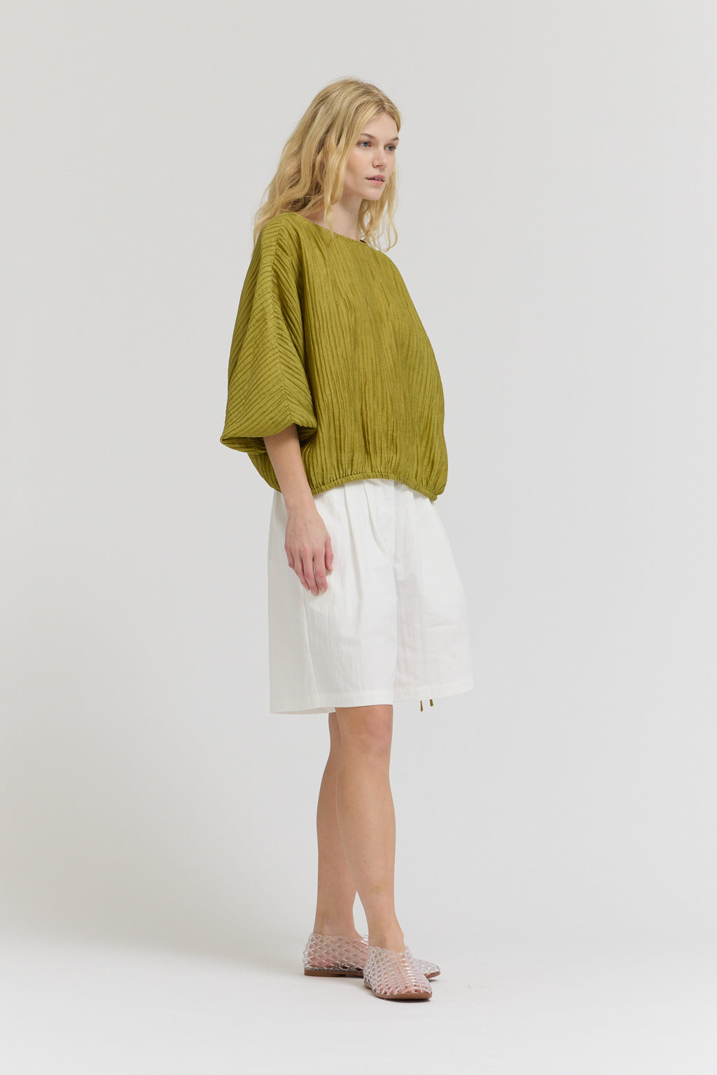 Shirred Sleeve Tencel Blouse in Chartreuse