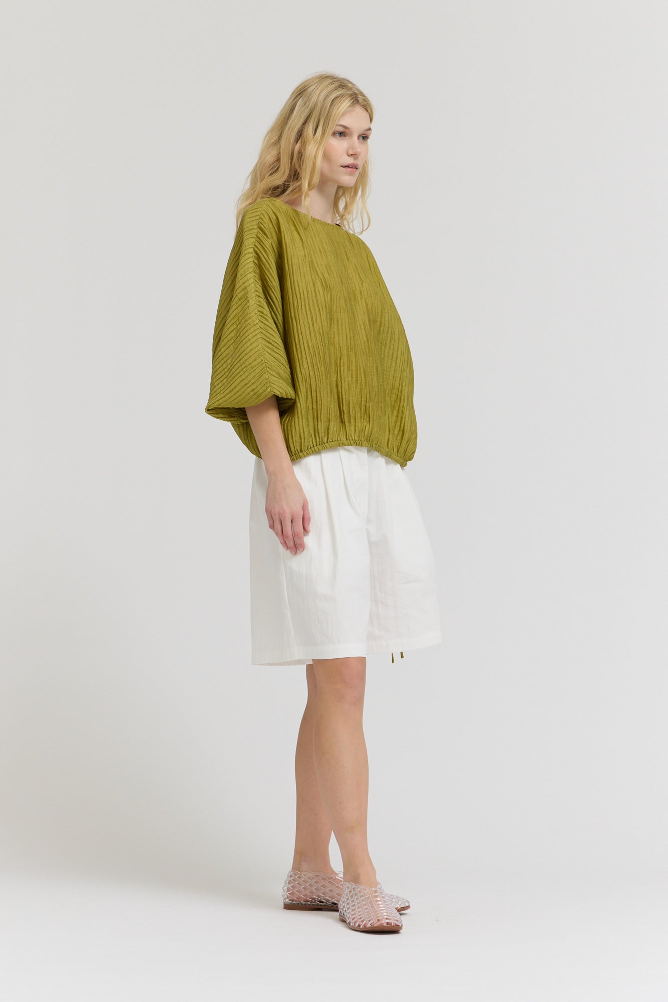 Shirred Sleeve Tencel Blouse in Chartreuse