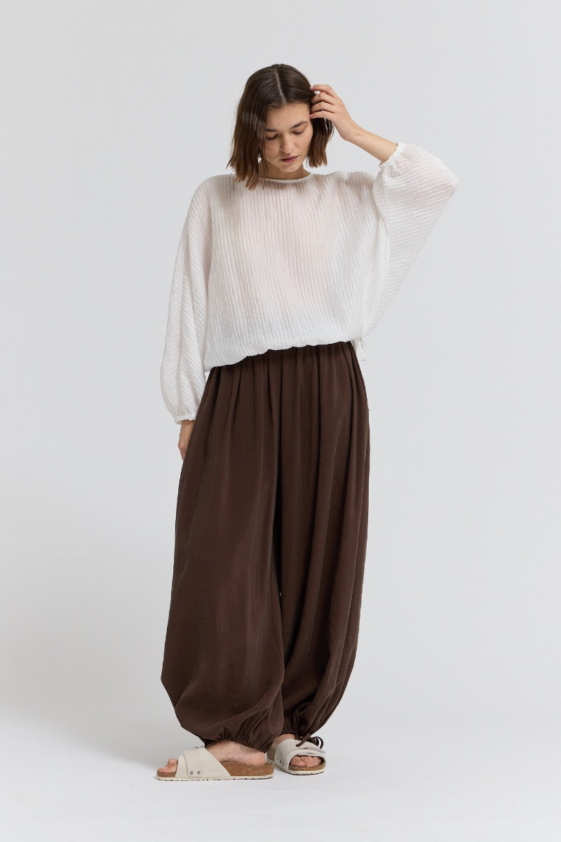 Shirred Sleeve Tencel Blouse in Off White