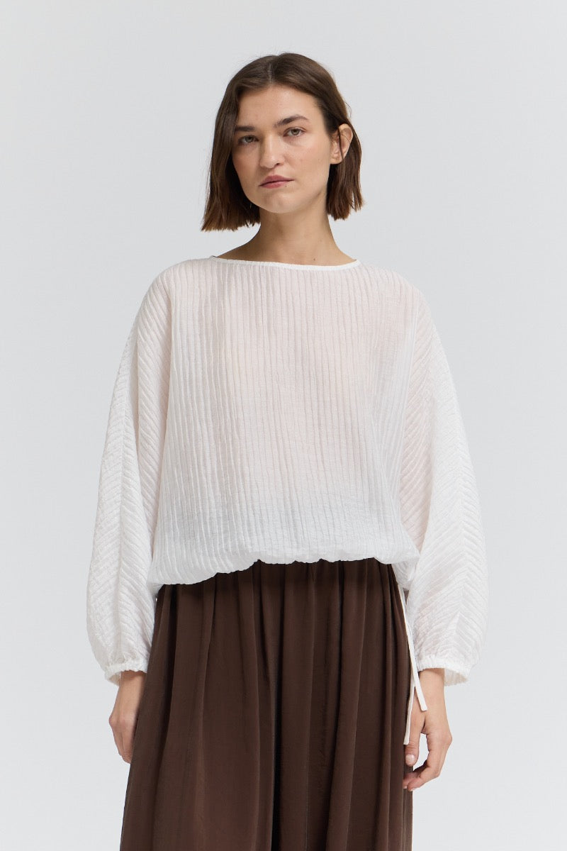 Shirred Sleeve Tencel Blouse in Off White