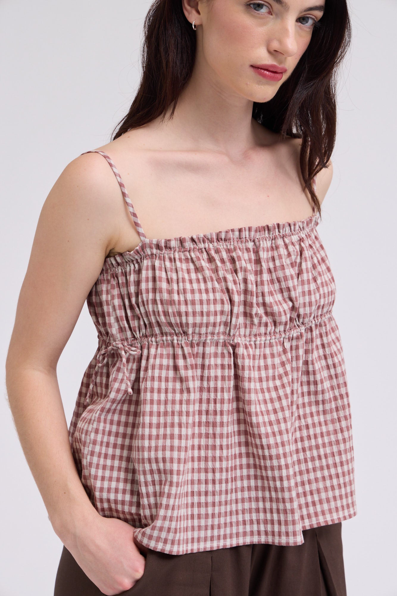 Crop Shirred Bust Tank Top in Dusty Rose