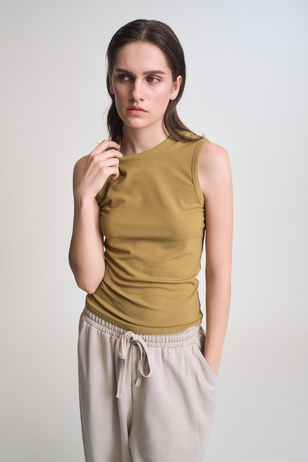 Wide Shoulder Tank in Moss