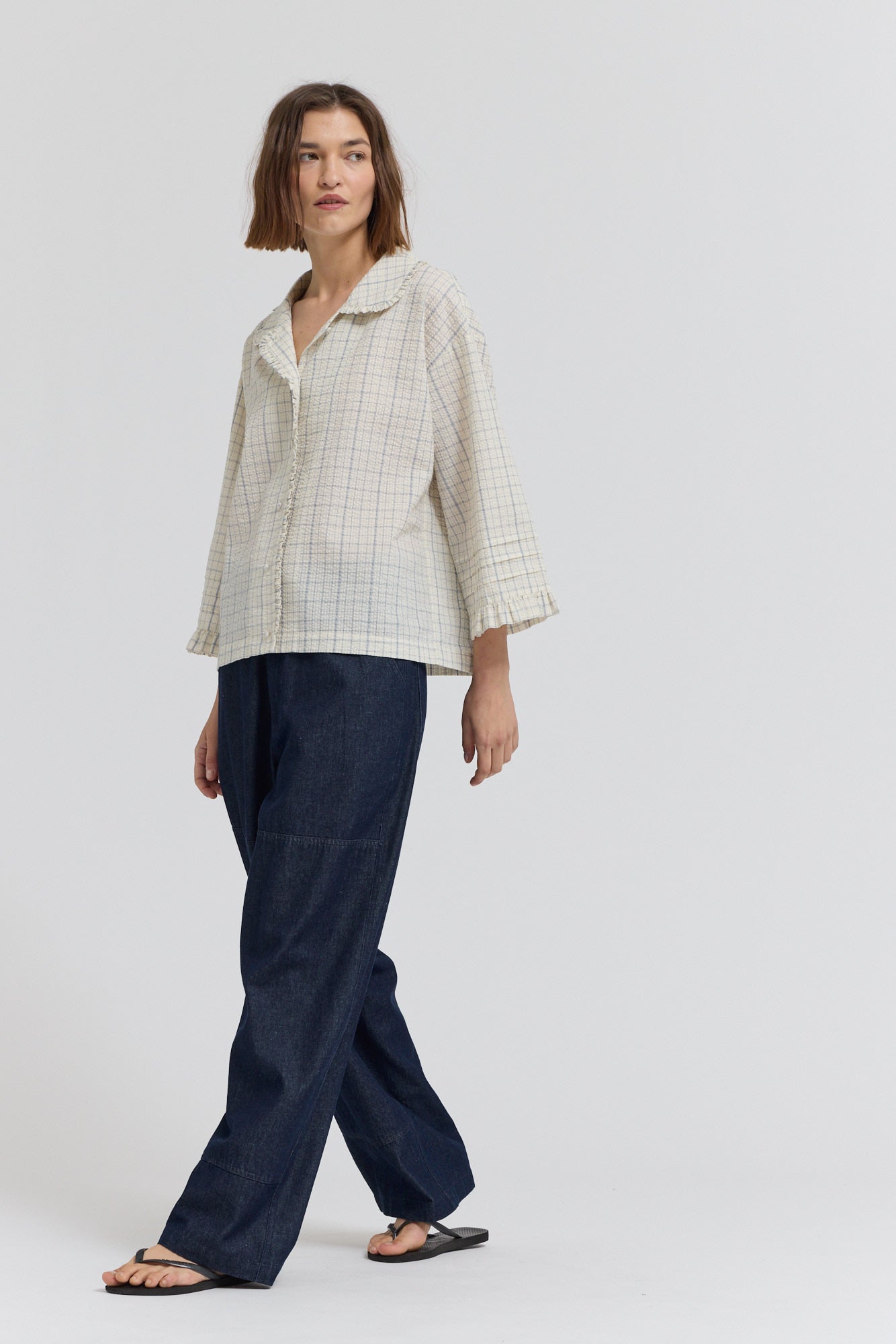 Check Ruffle Pleat Sleeve Shirt in Atlantic Grid