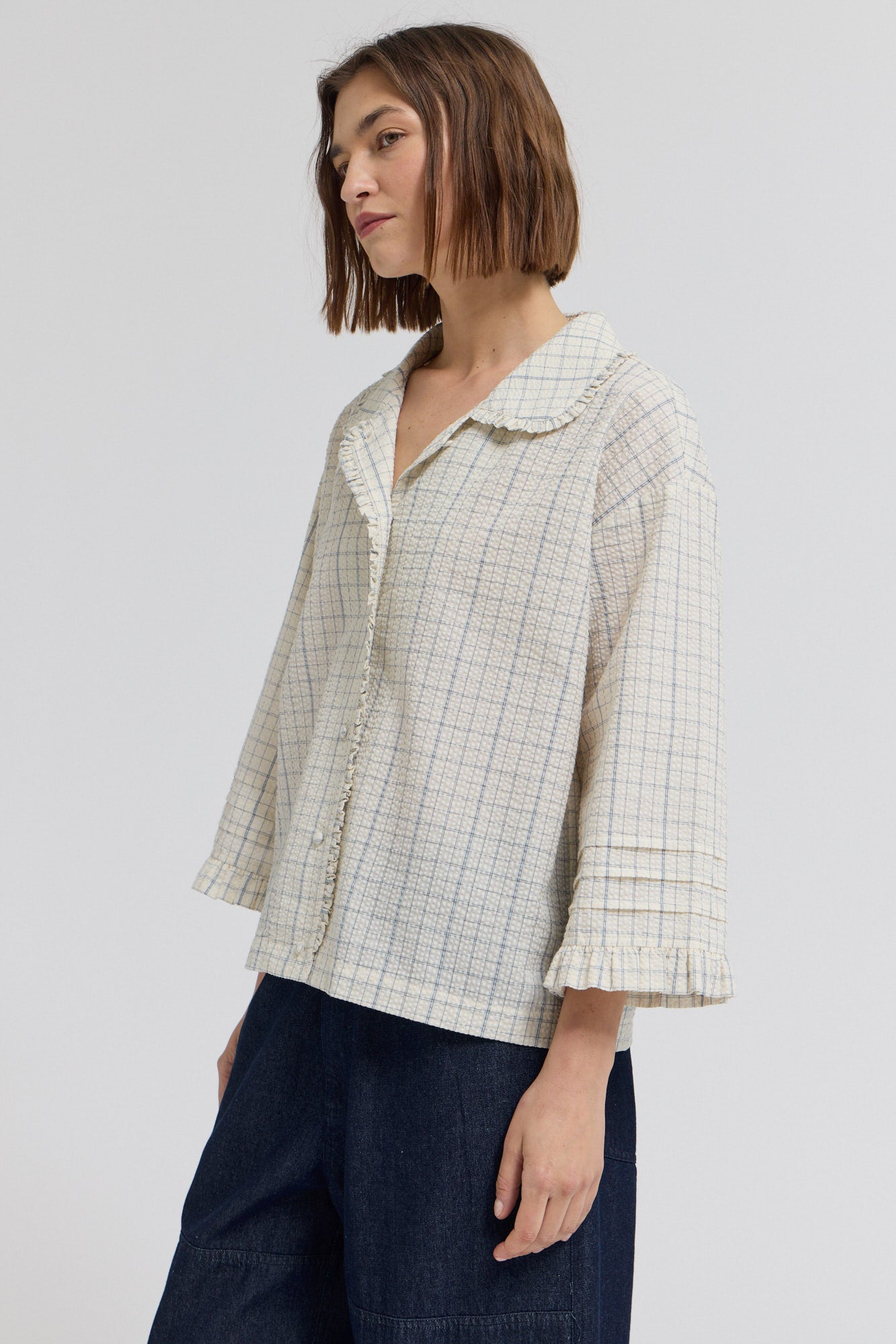 Check Ruffle Pleat Sleeve Shirt in Atlantic Grid