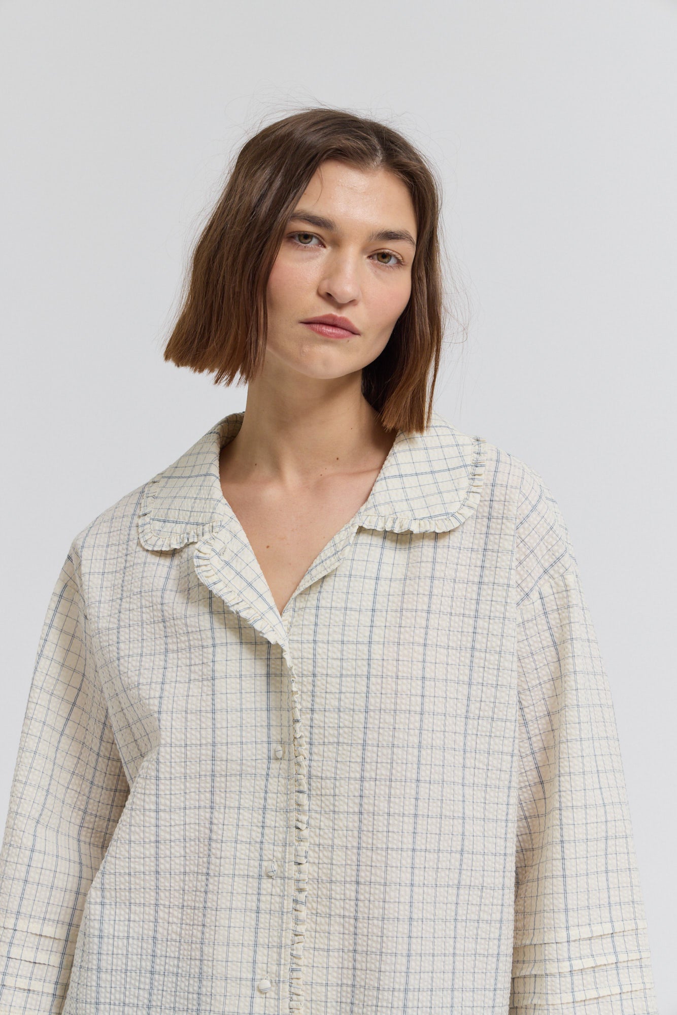 Check Ruffle Pleat Sleeve Shirt in Atlantic Grid