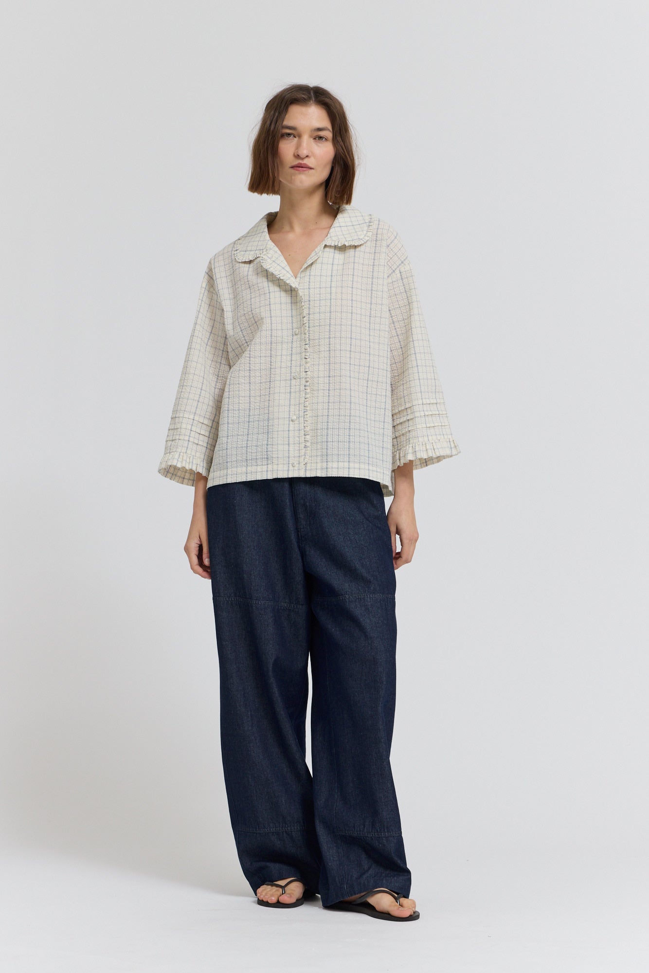 Check Ruffle Pleat Sleeve Shirt in Atlantic Grid