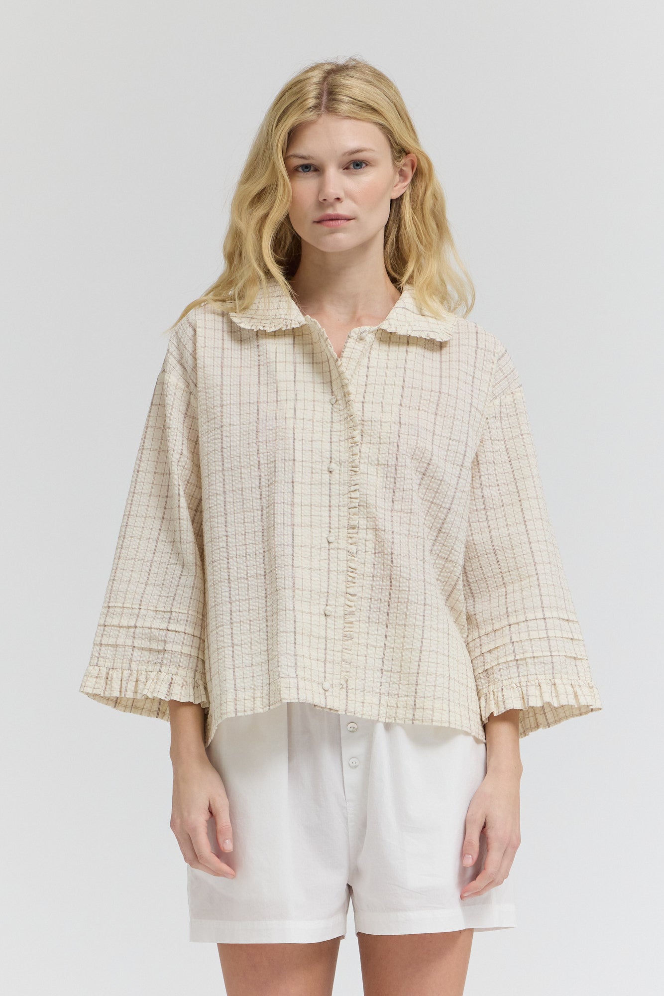 Check Ruffle Pleat Sleeve Shirt in Twig Grid