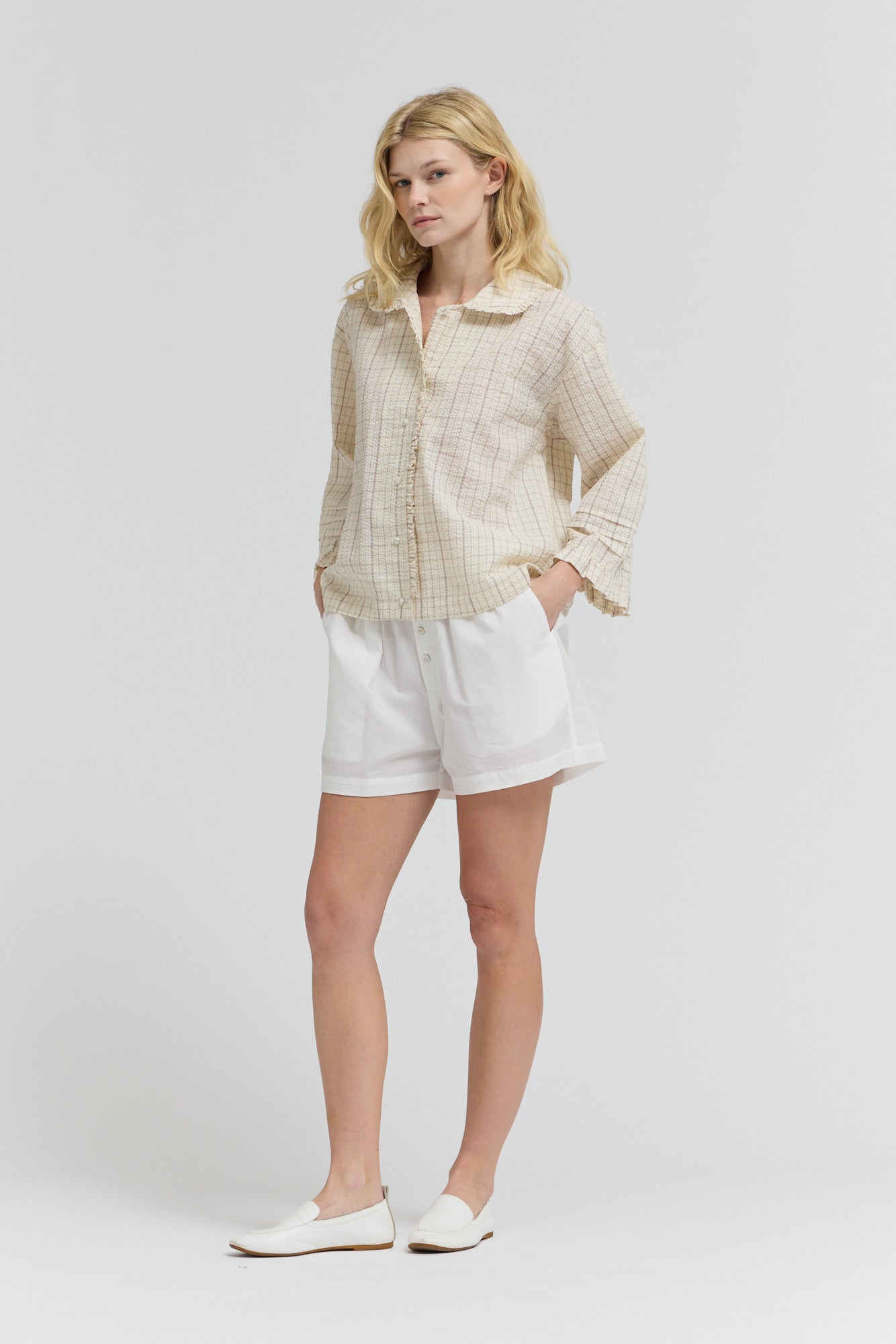 Check Ruffle Pleat Sleeve Shirt in Twig Grid