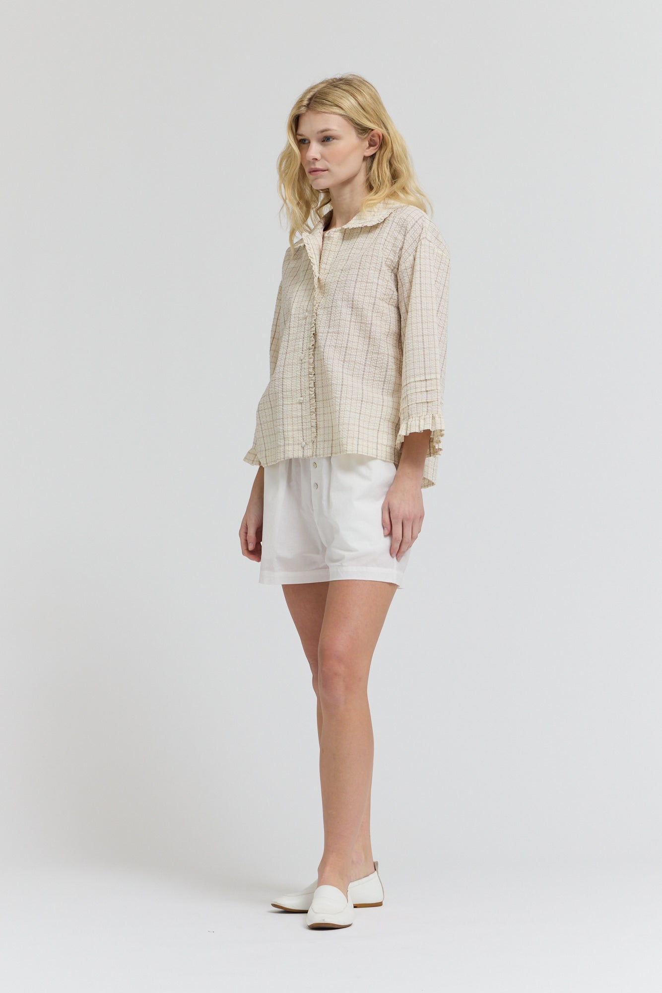 Check Ruffle Pleat Sleeve Shirt in Twig Grid
