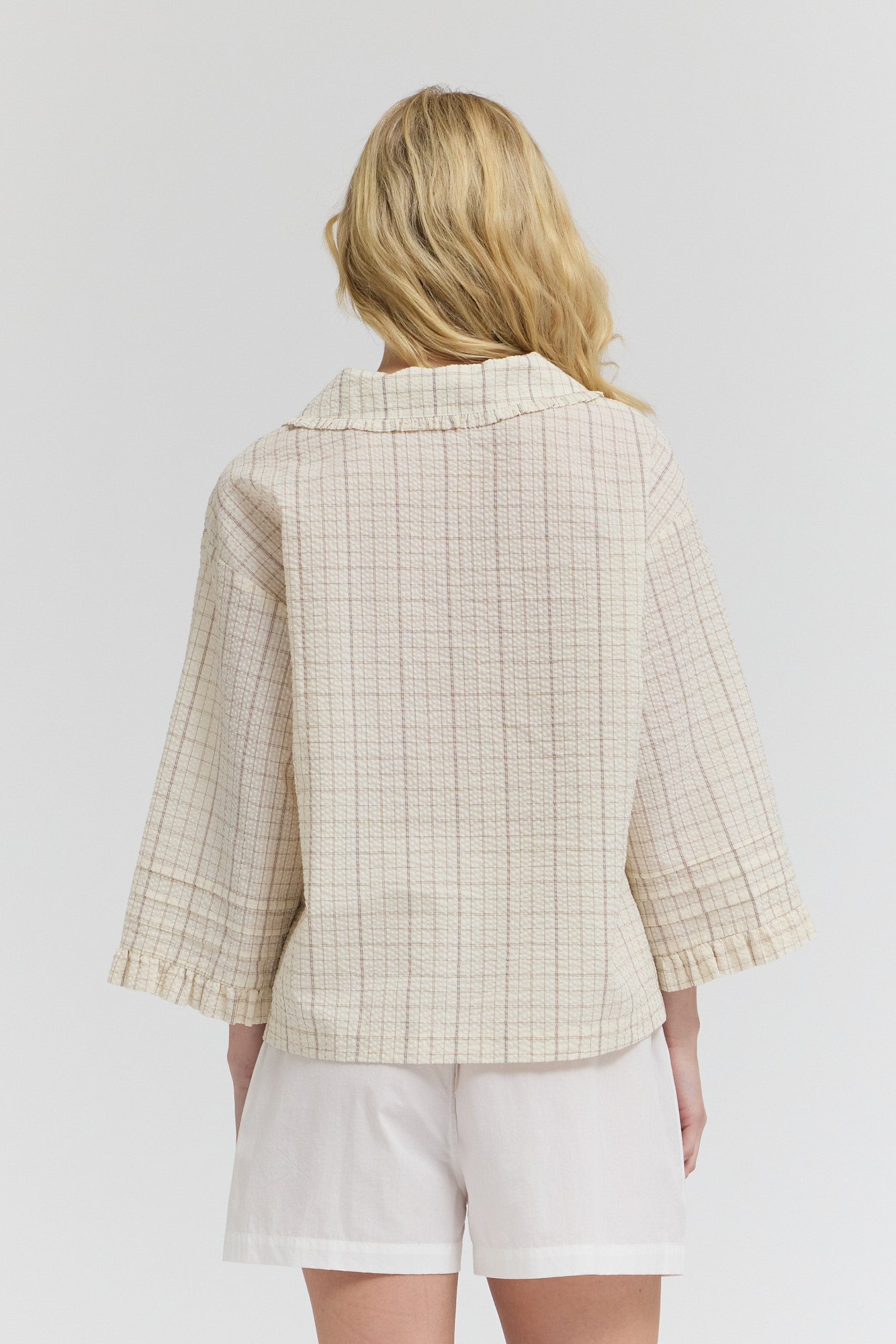 Check Ruffle Pleat Sleeve Shirt in Twig Grid
