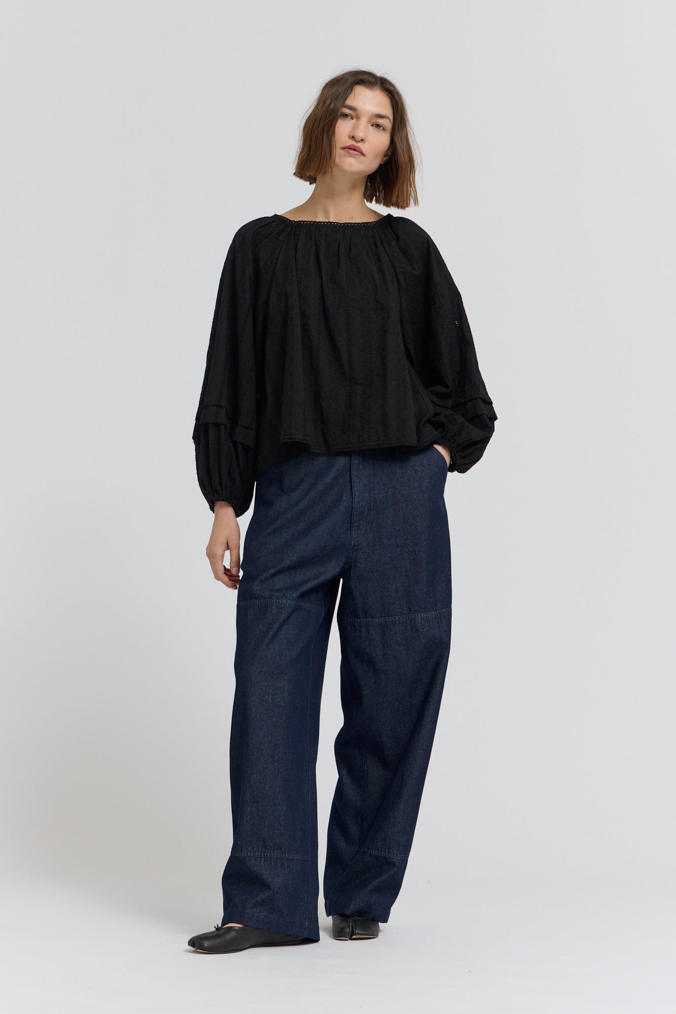 Embroidered Balloon Sleeves Top in Black