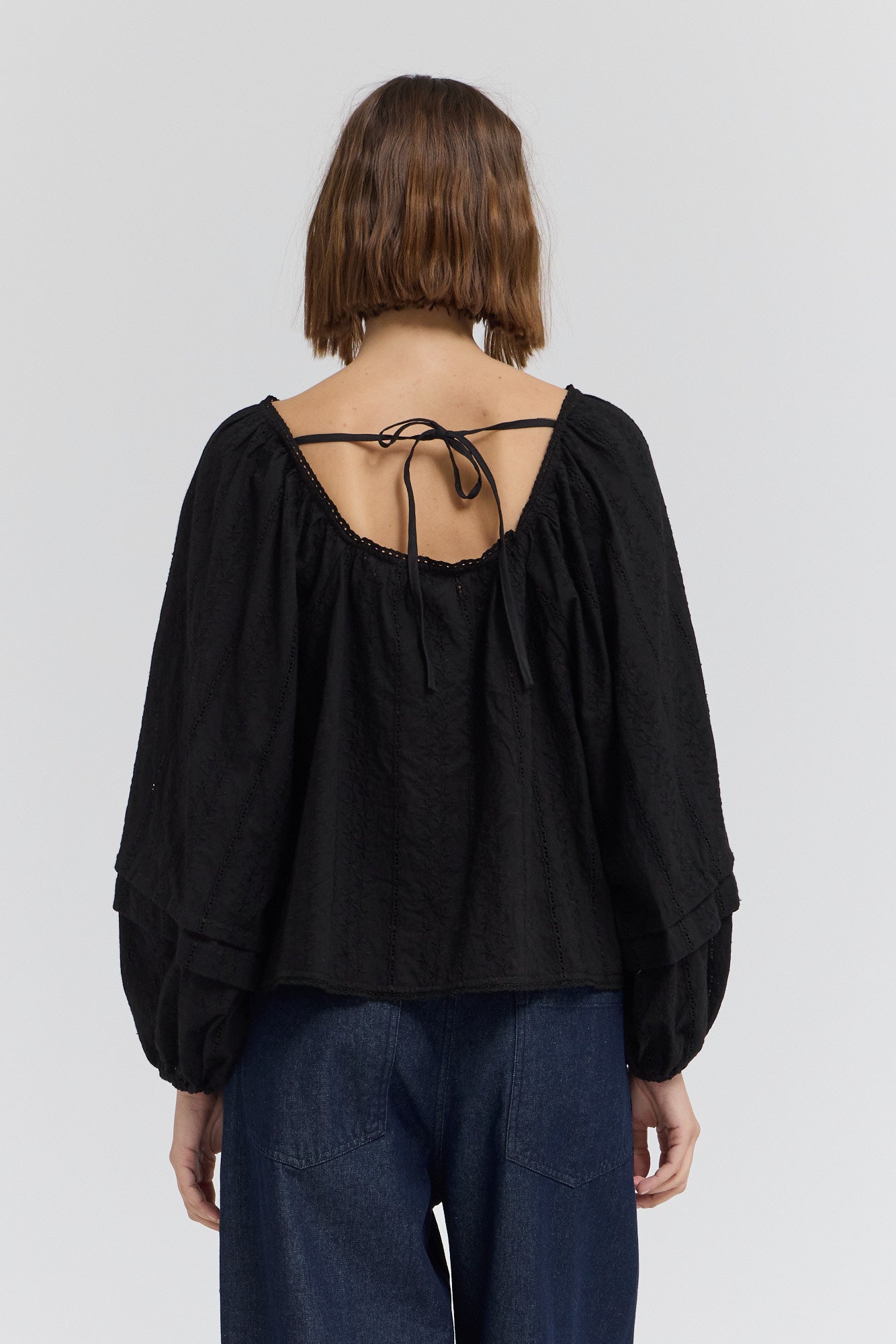 Embroidered Balloon Sleeves Top in Black