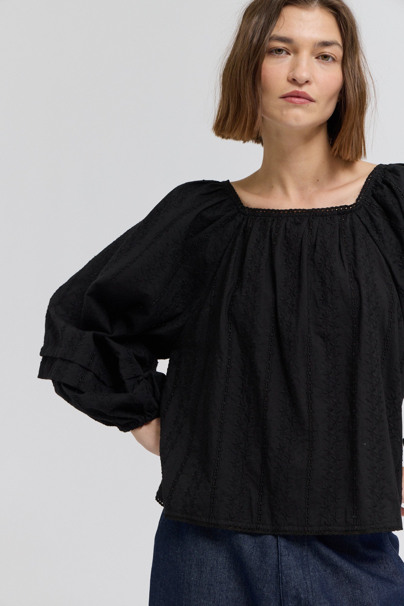 Embroidered Balloon Sleeves Top in Black