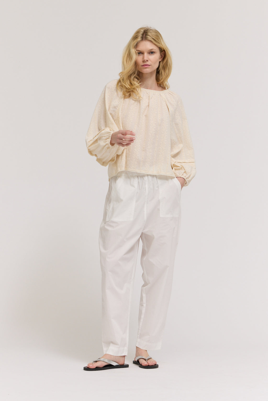 Embroidered Balloon Sleeves Top in Natural