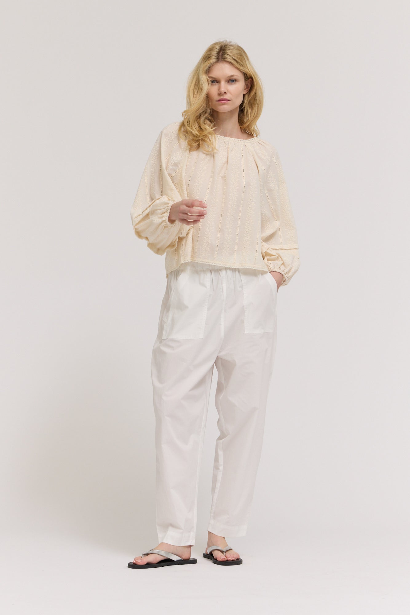 Embroidered Balloon Sleeves Top in Natural