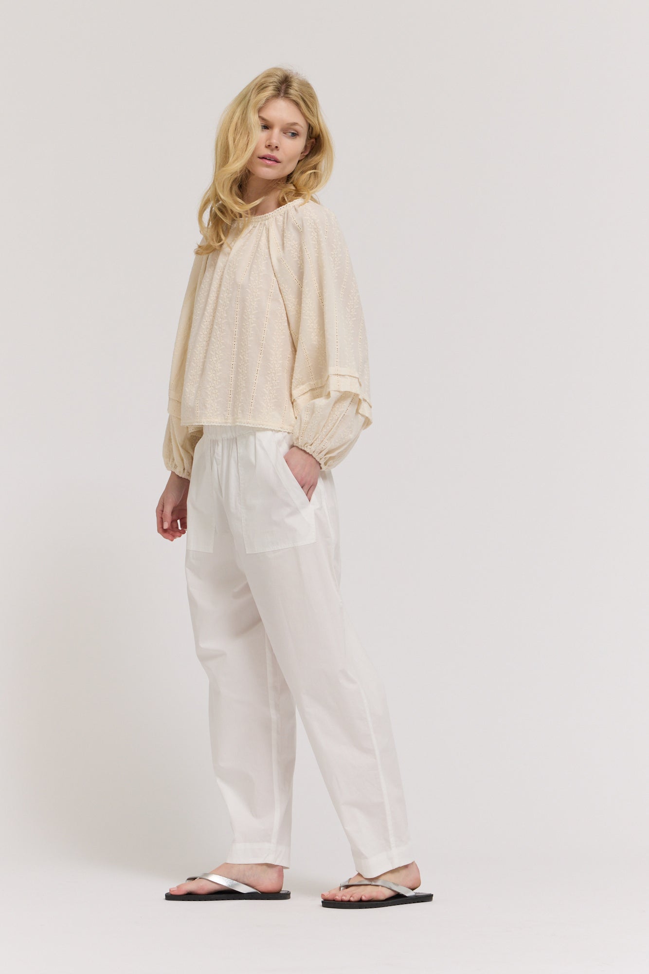 Embroidered Balloon Sleeves Top in Natural