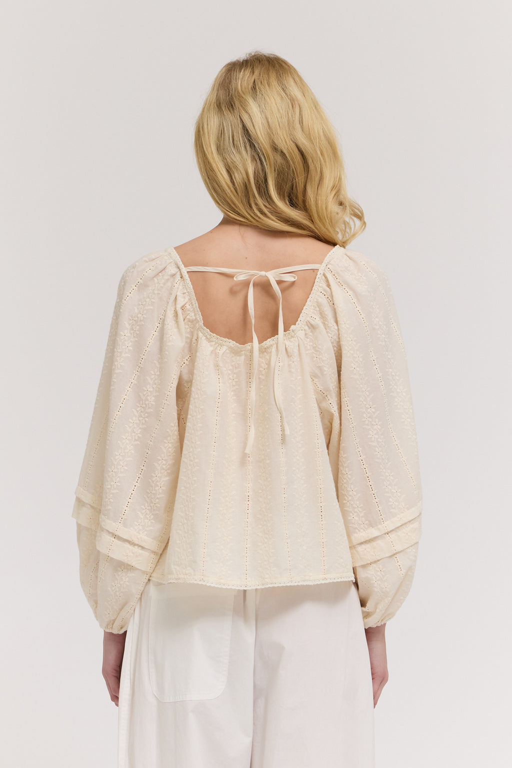 Embroidered Balloon Sleeves Top in Natural