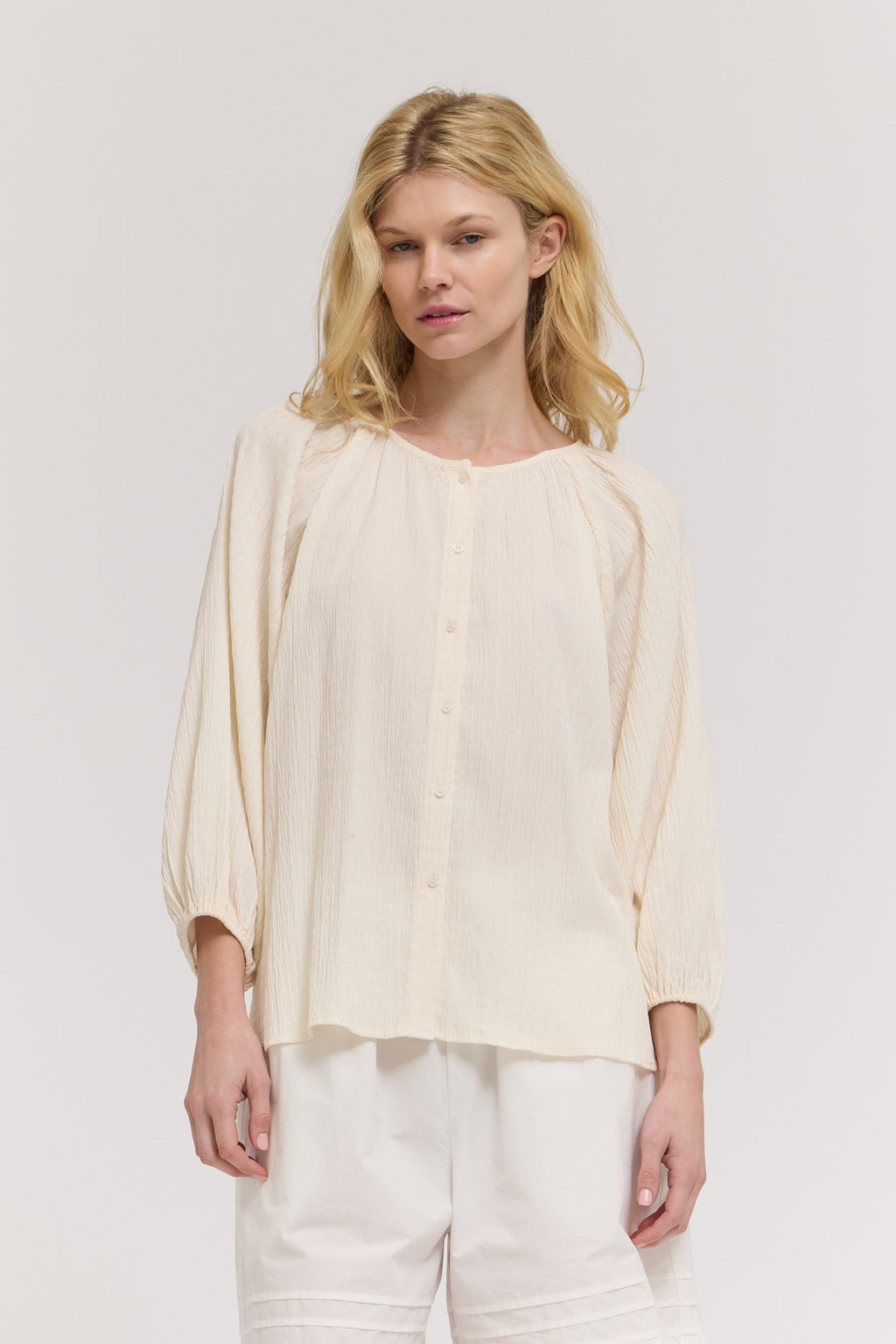 3/4 Sleeve Round Neck Button Down Shirt in Soy