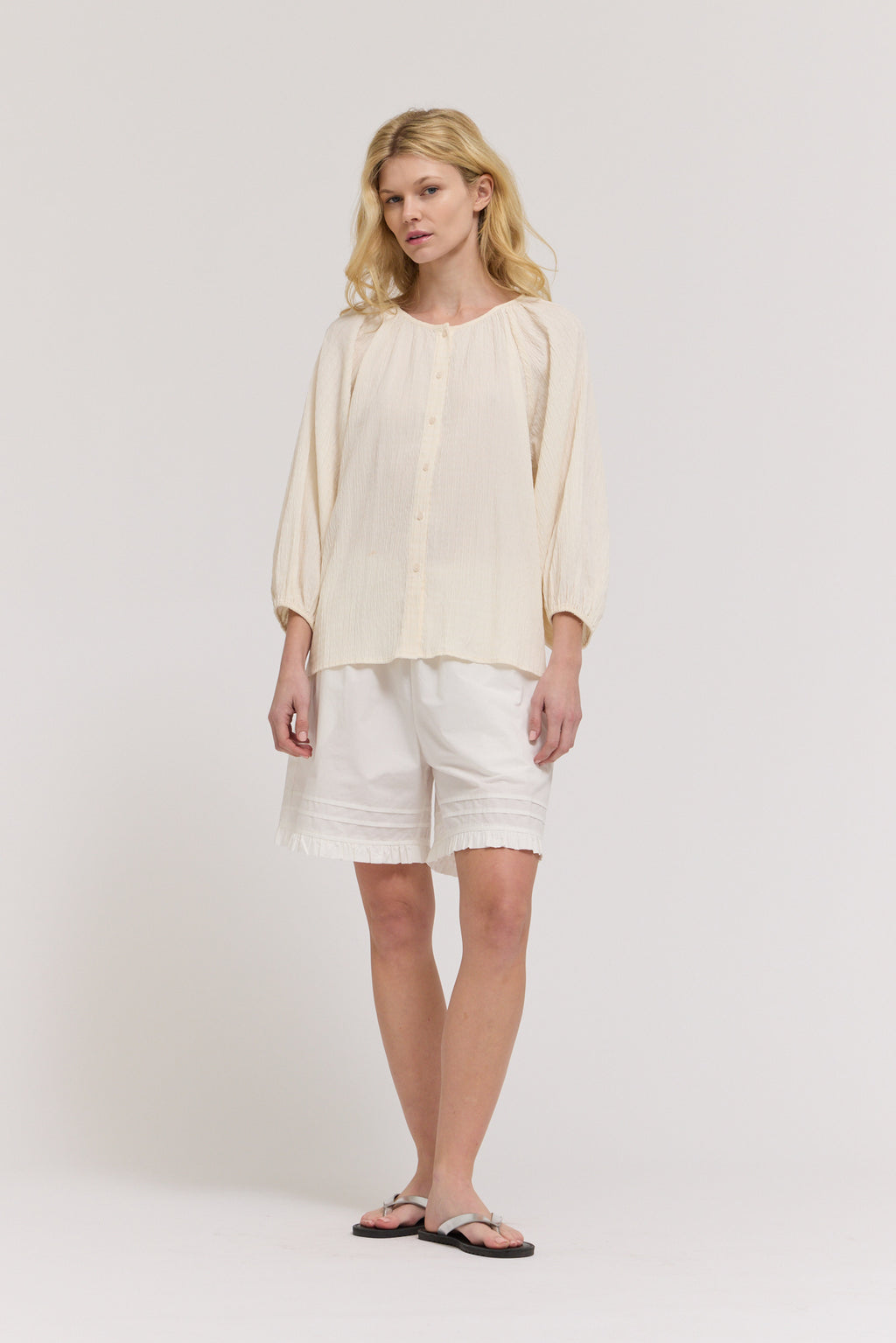 3/4 Sleeve Round Neck Button Down Shirt in Soy