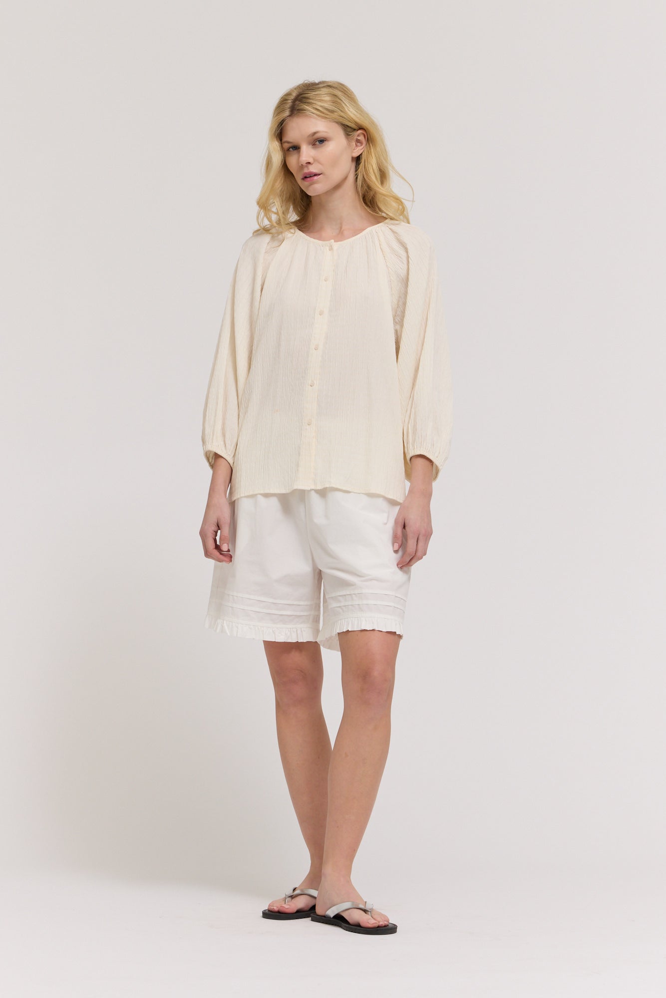 3/4 Sleeve Round Neck Button Down Shirt in Soy