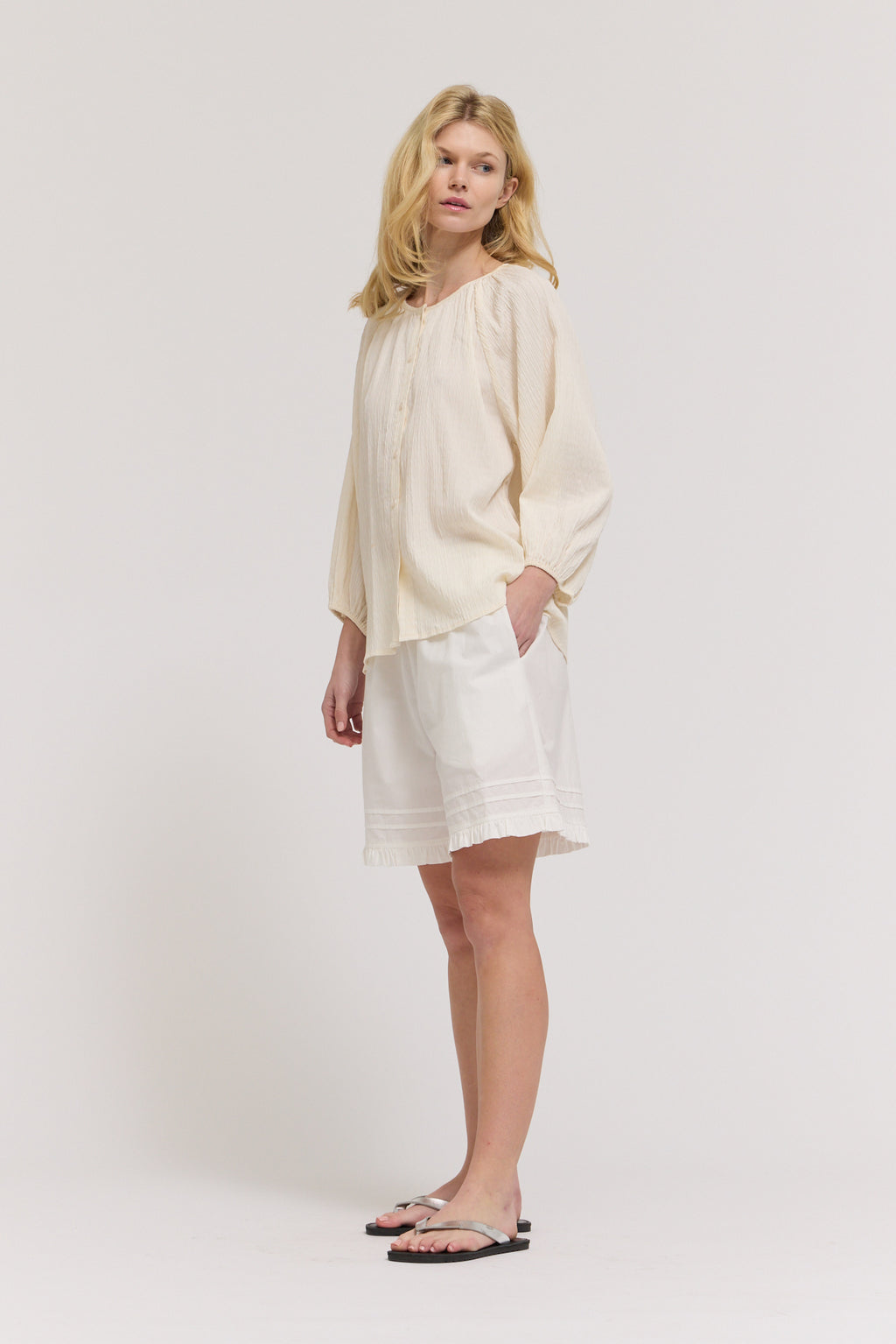 3/4 Sleeve Round Neck Button Down Shirt in Soy