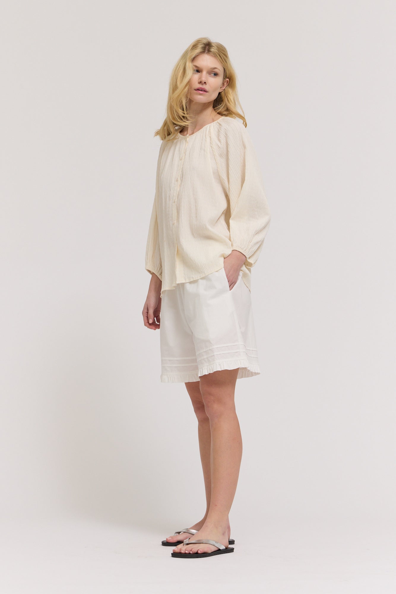 3/4 Sleeve Round Neck Button Down Shirt in Soy