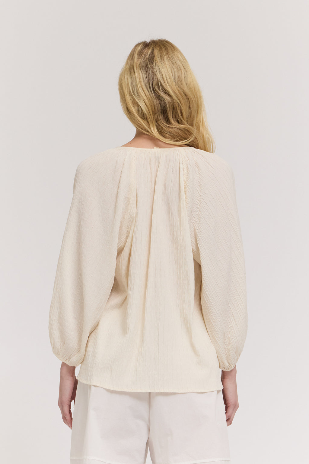 3/4 Sleeve Round Neck Button Down Shirt in Soy