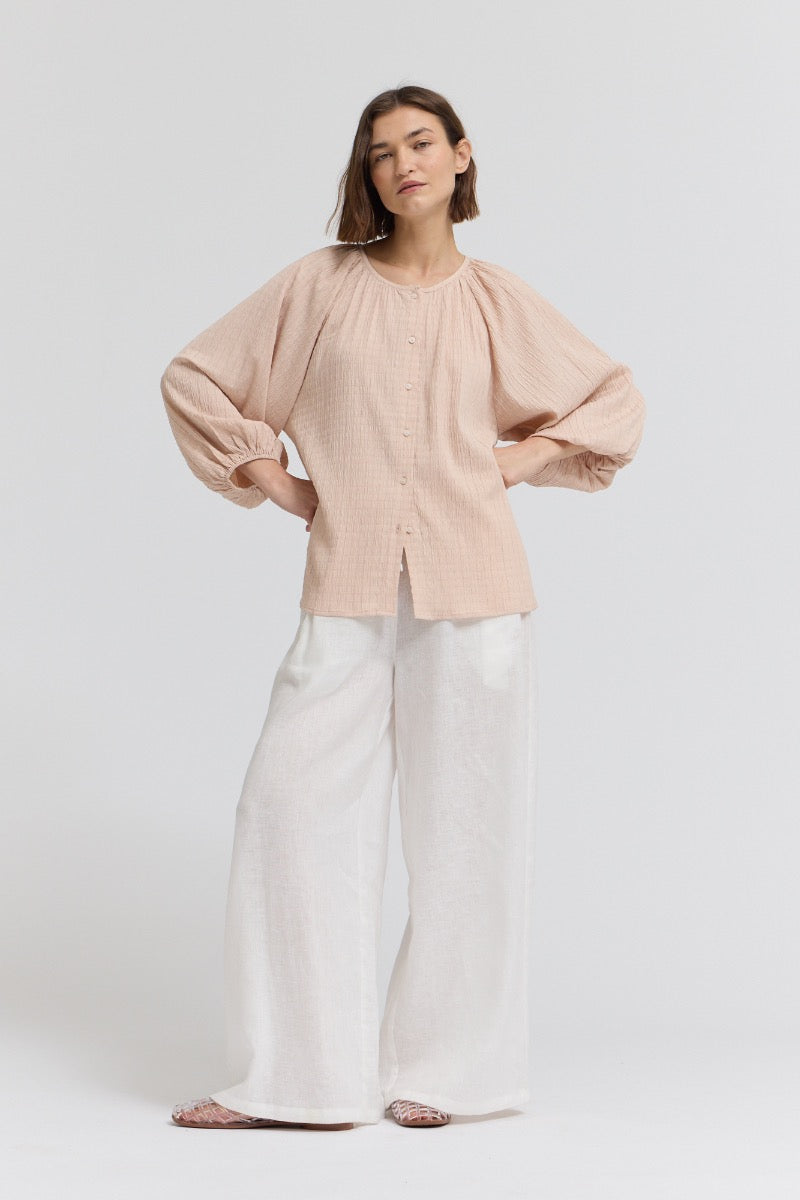 3/4 Sleeve Round Neck Button Down Shirt in Petal