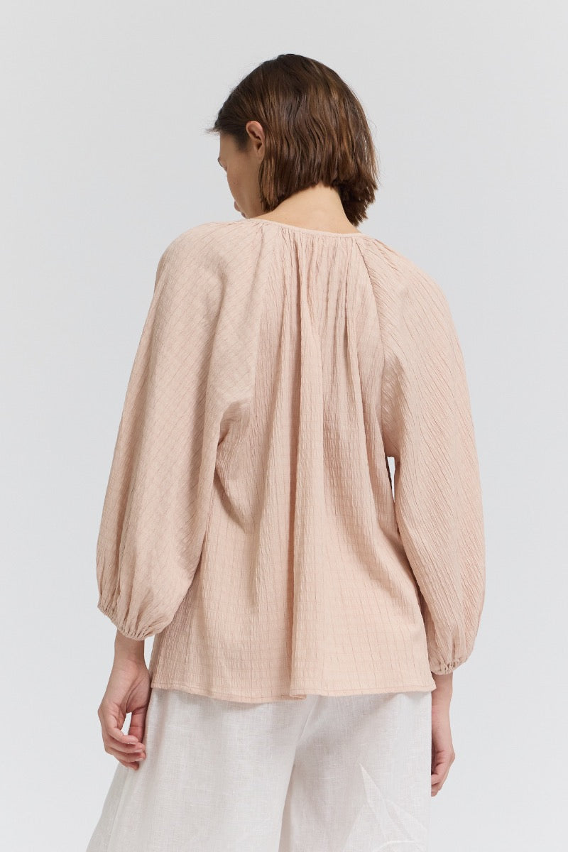 3/4 Sleeve Round Neck Button Down Shirt in Petal